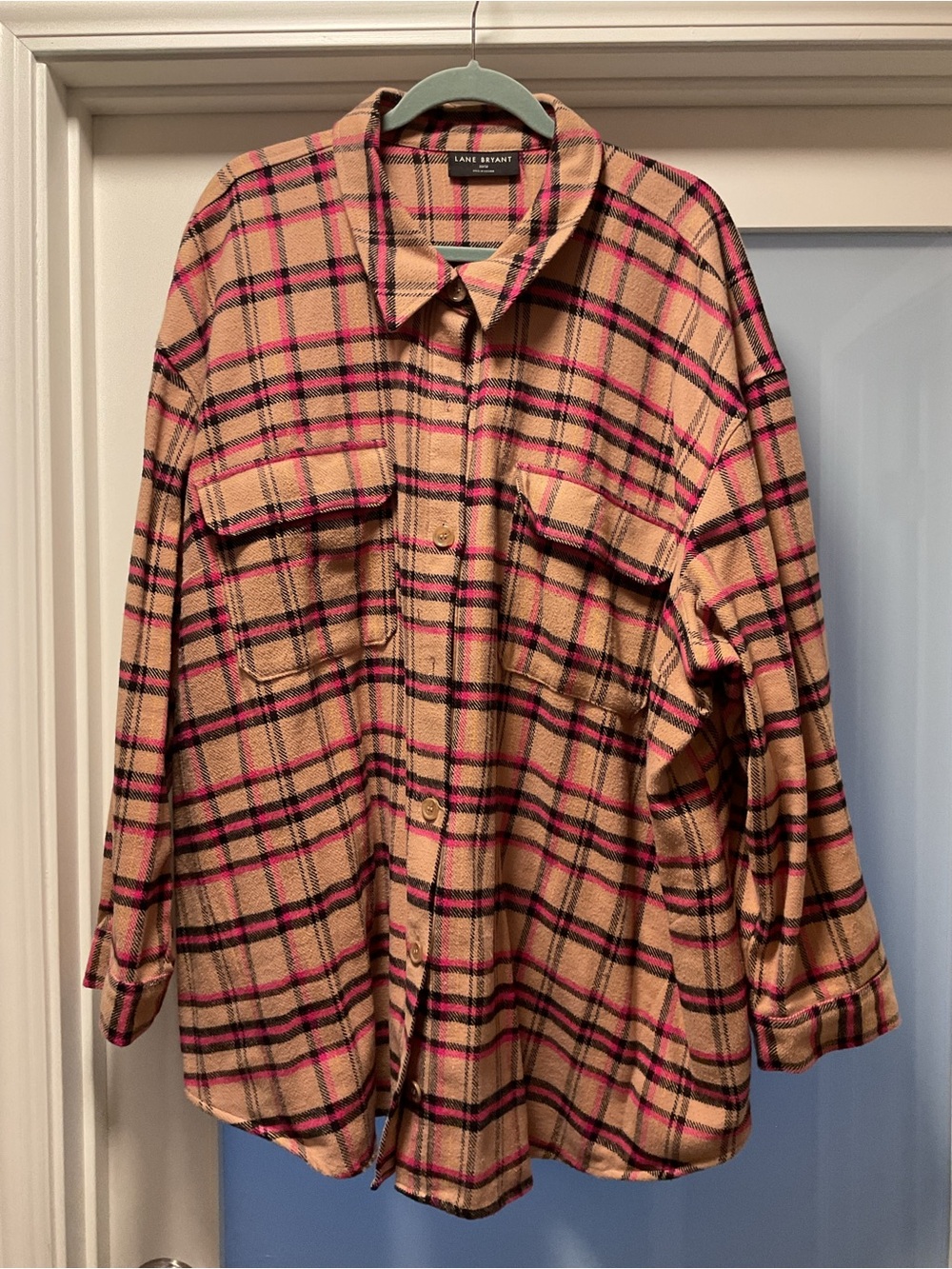 Lane Bryant Tan Plaid Utility Jacket with Pink & Black Accents